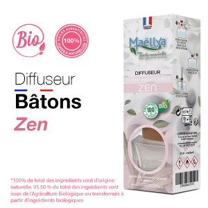 Diffuseur bâtons Zen - 40 ml aux huiles essentielles BIO Contrôlé Parfum d’ambiance par Ecocert